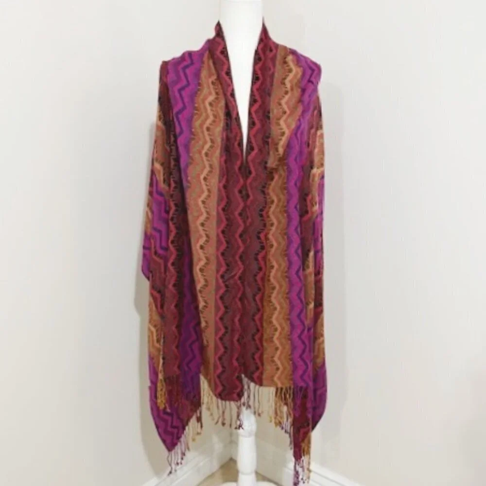 Woven Cashmere Silk Scarf Wrap Zigzag Chevron Pattern Boho Made in Nepal
